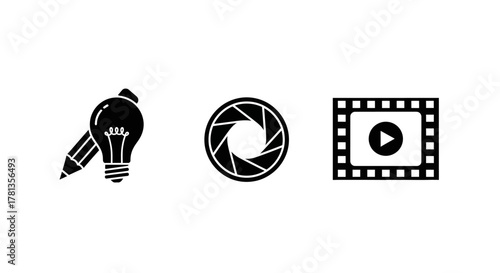 Creative tools icon set featuring light bulb, camera shutter, and film reel