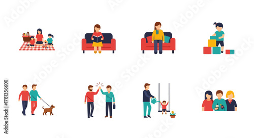 Family activities collection in modern flat style featuring everyday moments