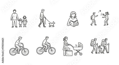 Sketched family activities: walking, reading, cycling, and outdoor fun