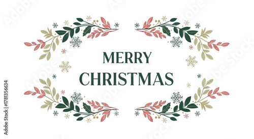 Elegant merry christmas greeting card with decorative floral branches and snowflakes on white background