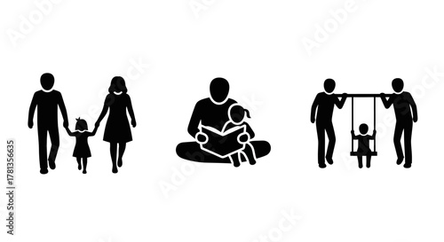 Family activities silhouette: walking, reading, and playing together