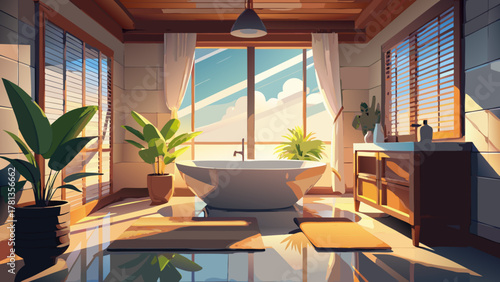 Very beautiful elegant bathroom interior with a freestanding tub, marble surfaces, warm wood textures, large window with beige Roman shade, soft natural light, and an indoor plant in a realistic 3D re