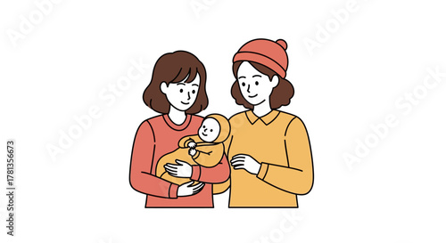 Warm family moment: two mothers holding their baby in a simple flat design