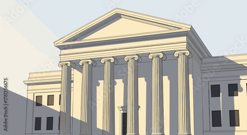 Classical building facade with six tall corinthian columns and triangular pediment, showcasing architectural elegance.