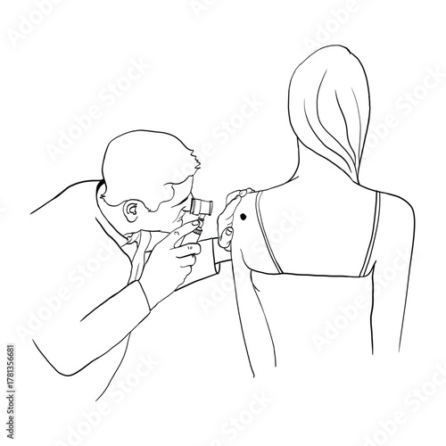 A professional male dermatologist is examining a mole on a female patient's back with his dermatoscope.