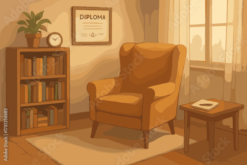 Warm, inviting living room corner with a cozy armchair, bookshelf, and a diploma on the wall, bathed in soft natural light from a nearby window.