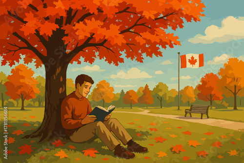Young caucasian male sitting under a vibrant red maple tree, reading a book in a park adorned with autumn leaves, with a canadian flag flying in the background.