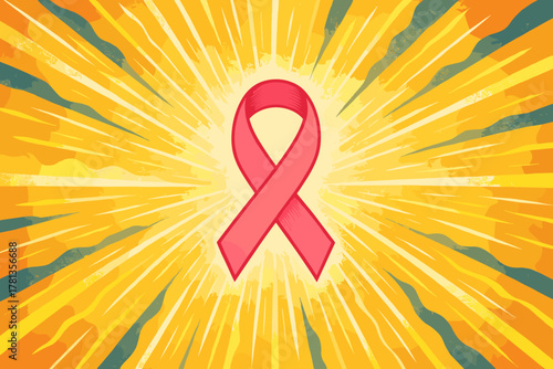 Red ribbon symbolizing aids awareness prominently centered with radiant yellow and orange sunburst rays in the background.