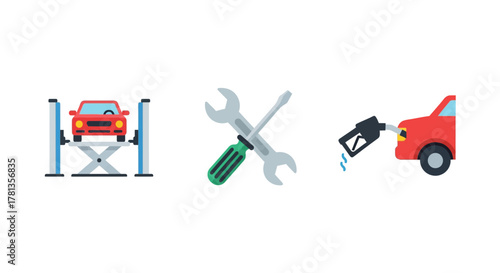 Flat style car repair and fueling icons with tools and equipment