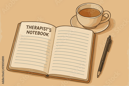 Open notebook labeled "therapist's notebook" with blank lined pages, accompanied by a cup of coffee and a pen on a beige surface.