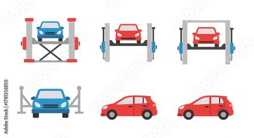 Car lift mechanism set: front and side views in modern flat design
