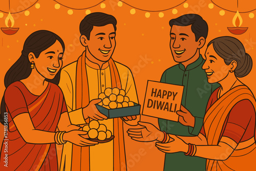 A group of four indian adults celebrating diwali, exchanging sweets and holding a "happy diwali" sign, dressed in traditional attire against a festive setting.