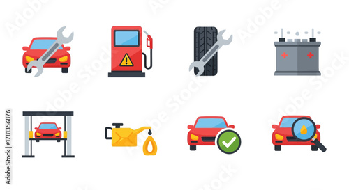 Car maintenance and repair icons with tools and equipment