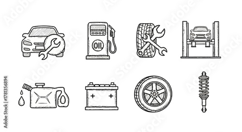 Hand drawn car repair icons: tools, equipment, and maintenance essentials