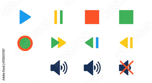 Minimalist media control icons with bold colors and geometric shapes
