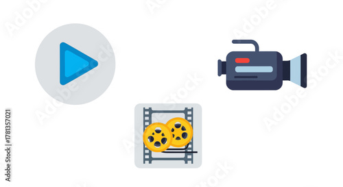 Colorful media playback icons: play button, camcorder, film reel