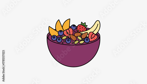 A vibrant smoothie bowl garnished with nuts seeds and fresh fruit illustrating the blend of flavors and health benefits from natural ingredients.