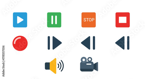 Multimedia control icons set for audio and video interfaces