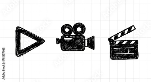 Hand drawn film and media icons on grid background
