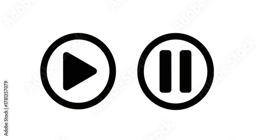 Play and pause icon set in minimalist black and white design
