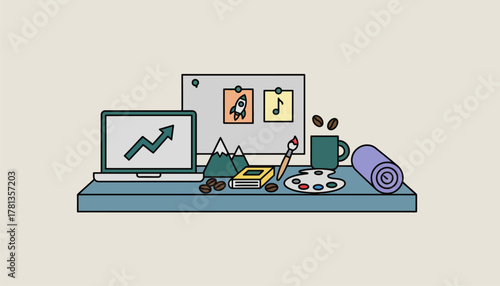 A work desk adorned with reminders of personal goals and hobbies illustrating the synergy between professional aspirations and personal passions.