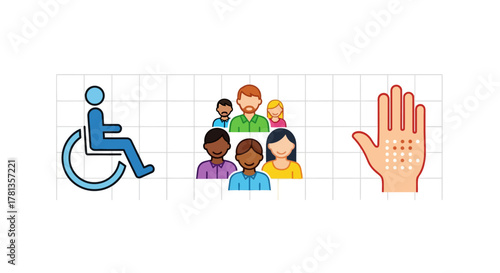 Inclusive accessibility: diverse team collaboration with wheelchair symbol and braille depiction