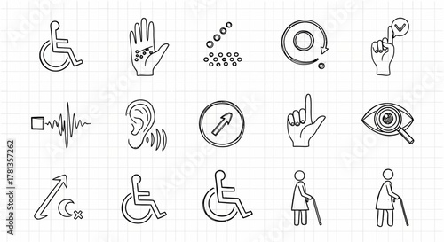 Accessibility icons set: linear design for inclusivity and communication