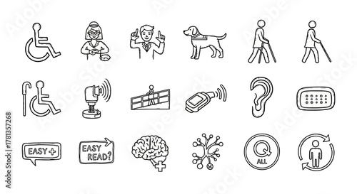 Accessibility icons set featuring people, guide dog, braille, and assistive tools in line art