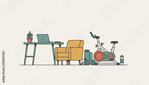 A cozy corner with sports equipment nearby a workspace representing the integration of fitness into daily routines.