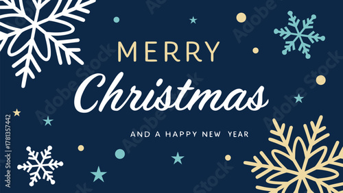 Merry christmas and a happy new year greeting card with snowflakes on dark blue background