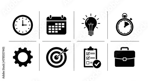 Essential time and productivity icons: flat black silhouettes for efficient planning and goal setting