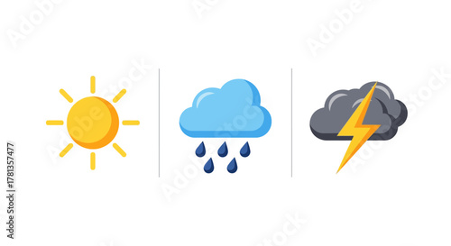 Weather icons set featuring sun cloud and thunderstorm in modern flat style