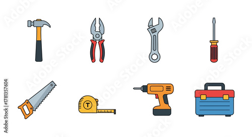 Essential toolkit icons collection with hammer, pliers, wrench, screwdriver, and more in modern flat design
