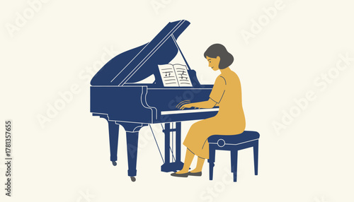 A young woman practicing on a grand piano her fingers dancing across the keys while sheet music lies open beside her.