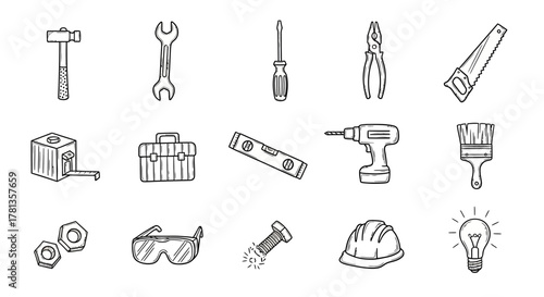Hand drawn tool set: hammers, wrench, screwdriver, pliers, and more for diy projects