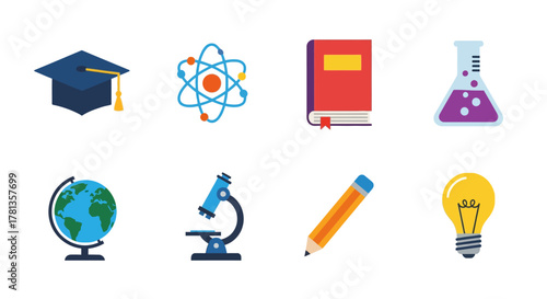 Colorful education icons set featuring science, literature, and innovation elements