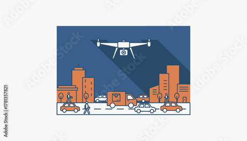 A security drone overseeing a delivery route ensuring safe passage through a bustling city filled with pedestrians and traffic.