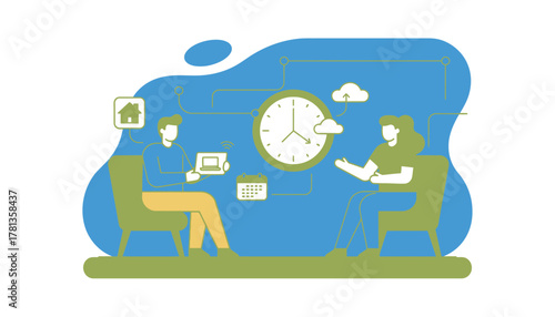 A pair of employees discussing flexible work arrangements in a casual setting highlighting remote work options and schedules.