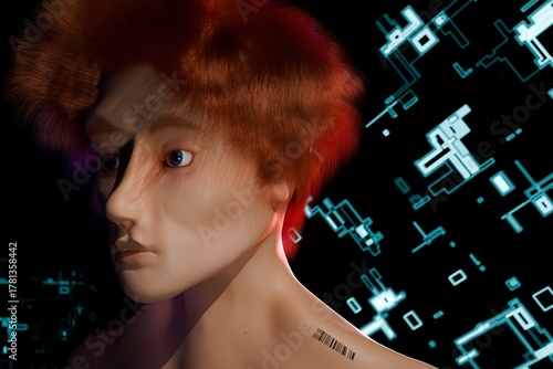 3d render of androgenous person with bar code in scifi environment
