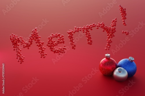3d render of shiny christmas ornaments forming the word merry