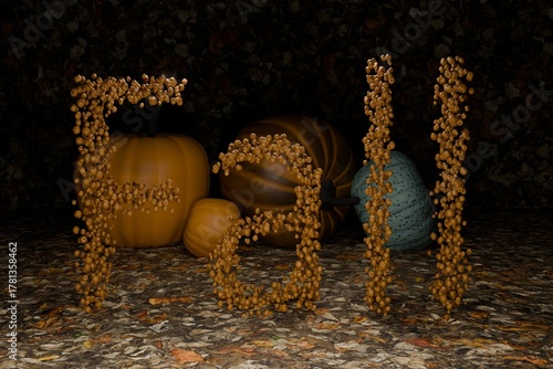 3d render of multiple pumpkins spelling out the word fall