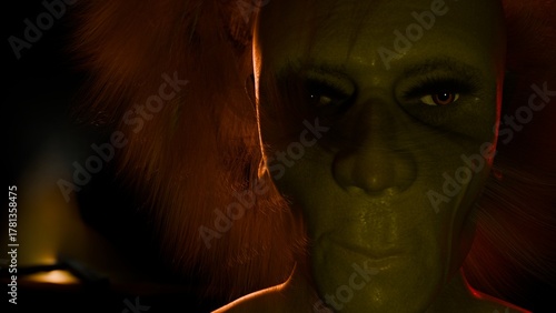 3d render of orc like figure staring at camera with fire in background