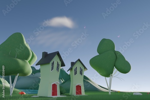 3d render of low polly houses and trees by lake with mushrooms and whispy clouds