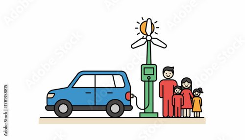 A family on a road trip in an electric vehicle stopping at charging stations powered by renewable energy sources.