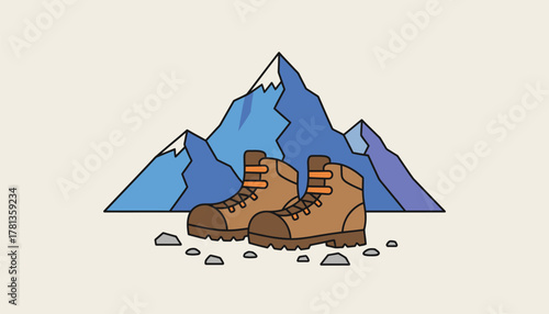 A hikers boots on a dusty trail with a majestic mountain range in the distance representing the spirit of exploration.