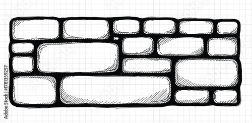 Roughly drawn, hand-sketched, rectangular stone wall texture with soft rounded corners, ideal for background or graphic design elements