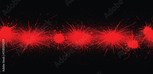 Seamless horizontal banner of vibrant red spark bursts, an energetic and glowing abstract explosion effect on a solid black background