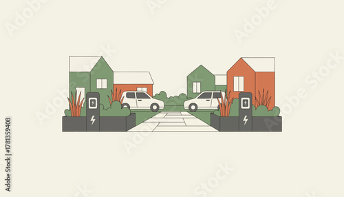 A minimalist charging zone in a residential area featuring discreet charging units hidden within landscaping blending seamlessly into the neighborhood.