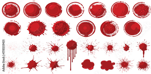 Graphic collection of vibrant red splatters, circular grunge frames, and distressed ink textures, perfect for creating bold and artistic design elements