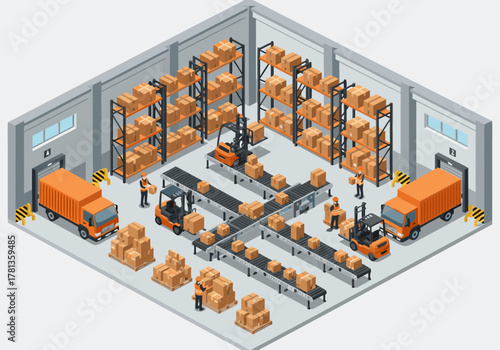 3D isometric illustration of a modern warehouse with workers managing inventory on shelves and conveyor systems for shipping and delivery